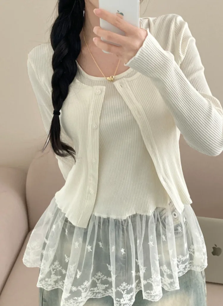 リブカーディガン&刺繍レースレイヤードタンクトップSET | creamsugar | 詳細画像3